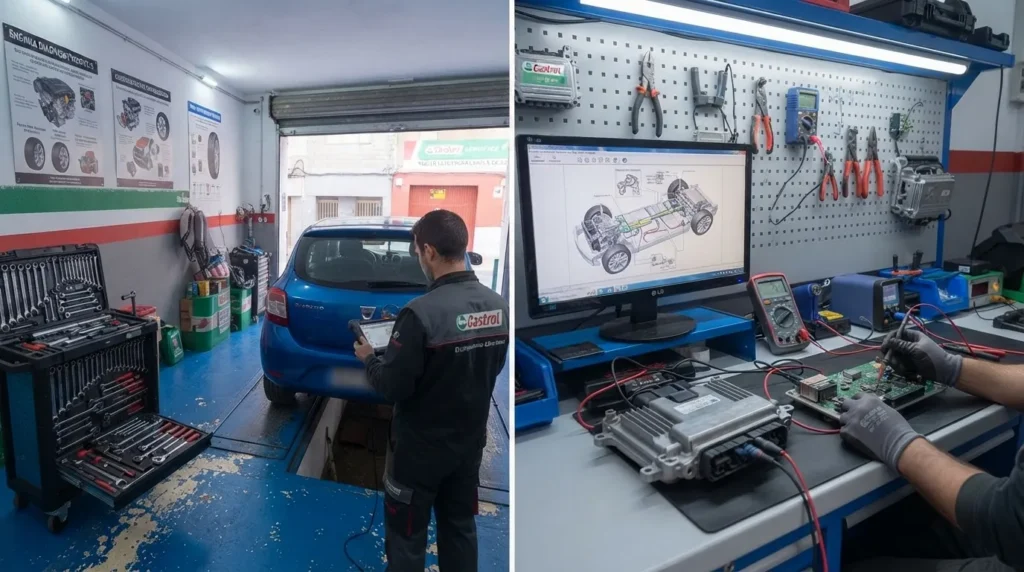 Banco de trabajo con una centralita electrónica conectada y el ordenador de diagnosis, junto a un mecánico con tableta en el taller
