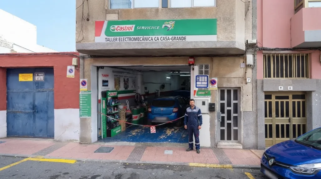 Mecánico de Electromecánica Casa Grande de pie en la entrada del taller, en Telde