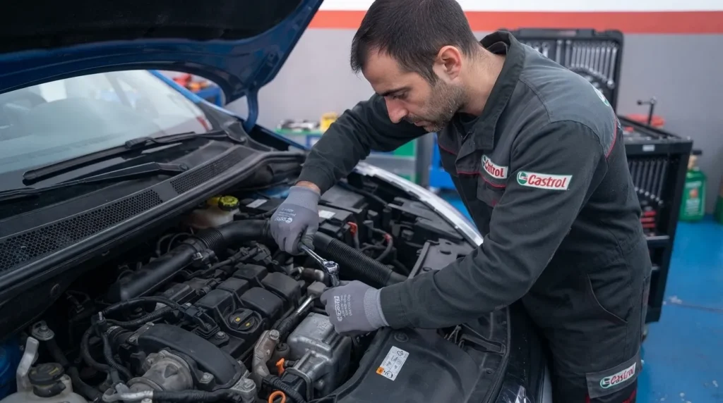 Mecánico con guantes revisando el motor de un coche con el capó abierto