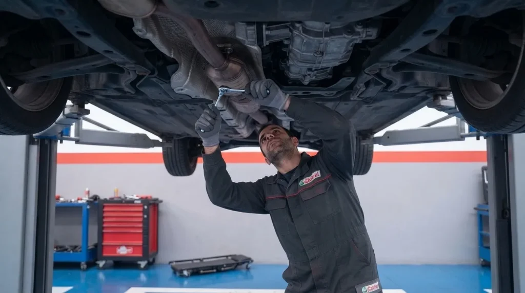 Mecánico trabajando en los bajos de un coche subido al elevador del taller